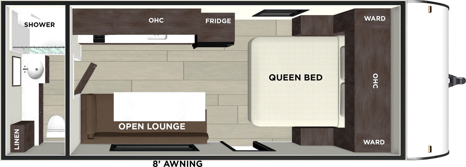 The Salem FSX 164FBLE floorplan has one entry and zero slide outs. Exterior features include: metal exterior and 8' awning. Interiors features include: front bedroom and rear bathroom.